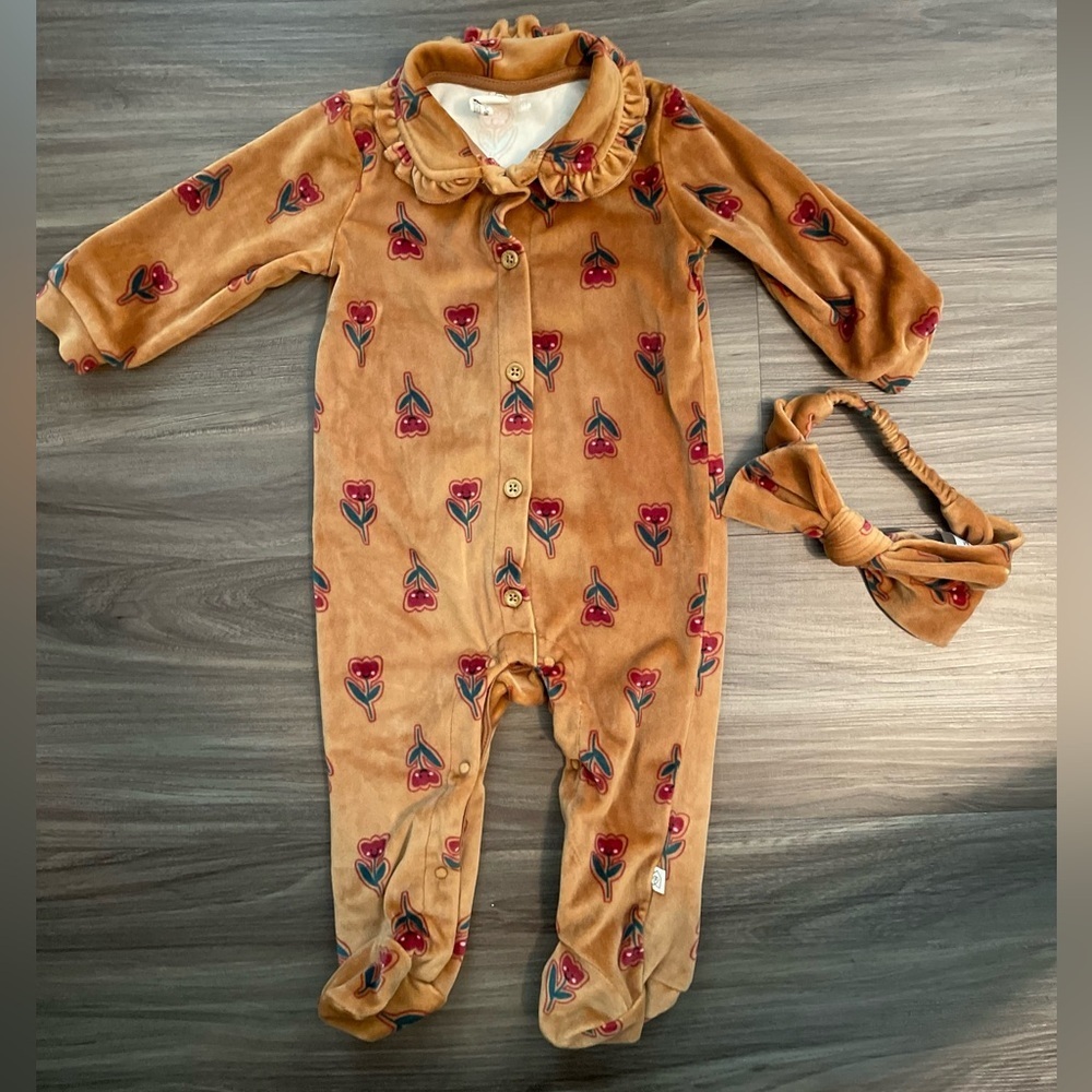 Snug Brown Velour red tulip print Kids Footie with matching Bow Headband -6/9M